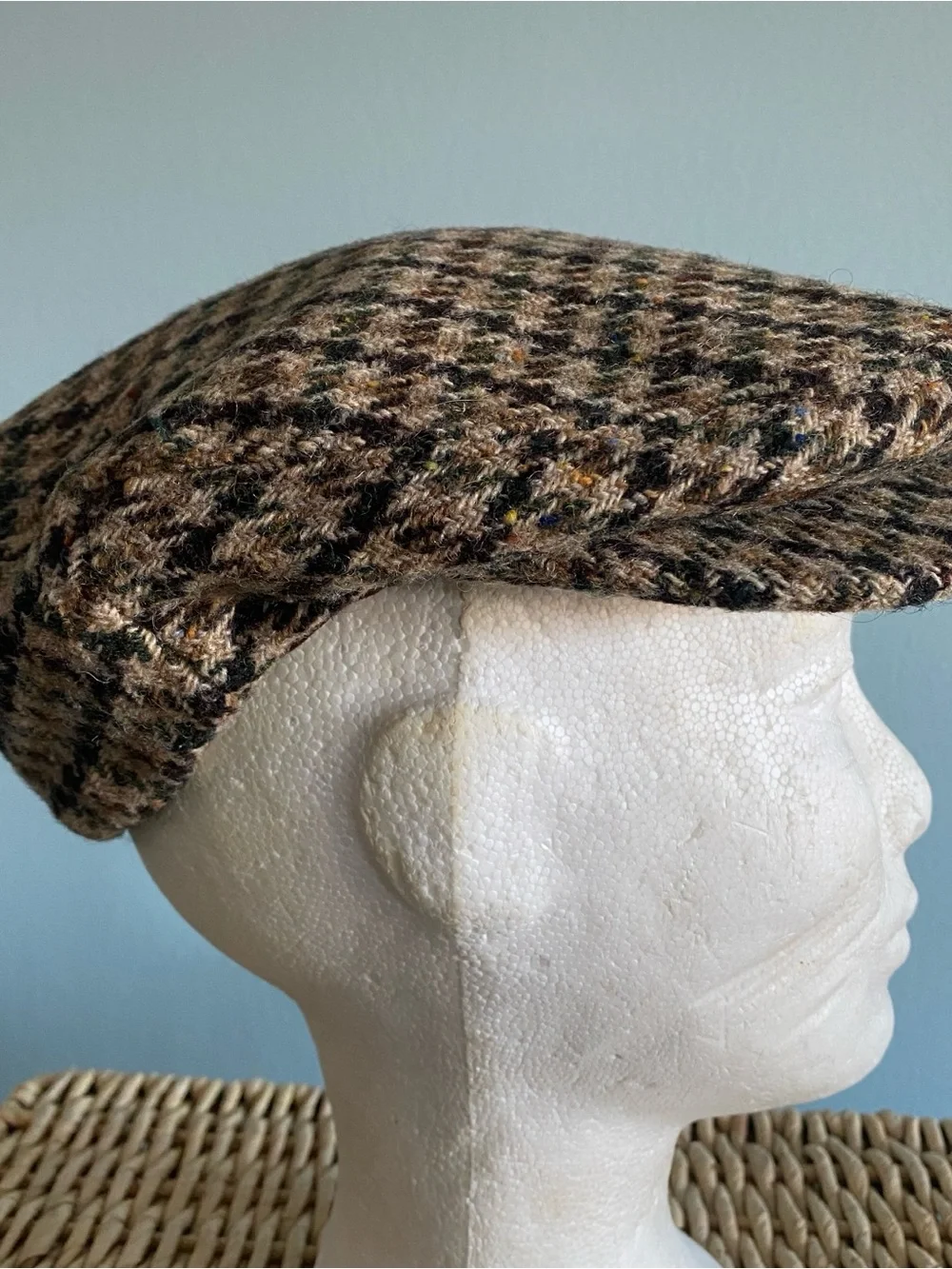 VTG Irish Flat Cap Hat Donegal Wool Houndstooth Unisex Bernard Slowey Weave